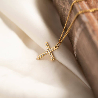 18K Gold PVD Stainless Steel Pearl Beaded Cross Charm: Gold / 15mm