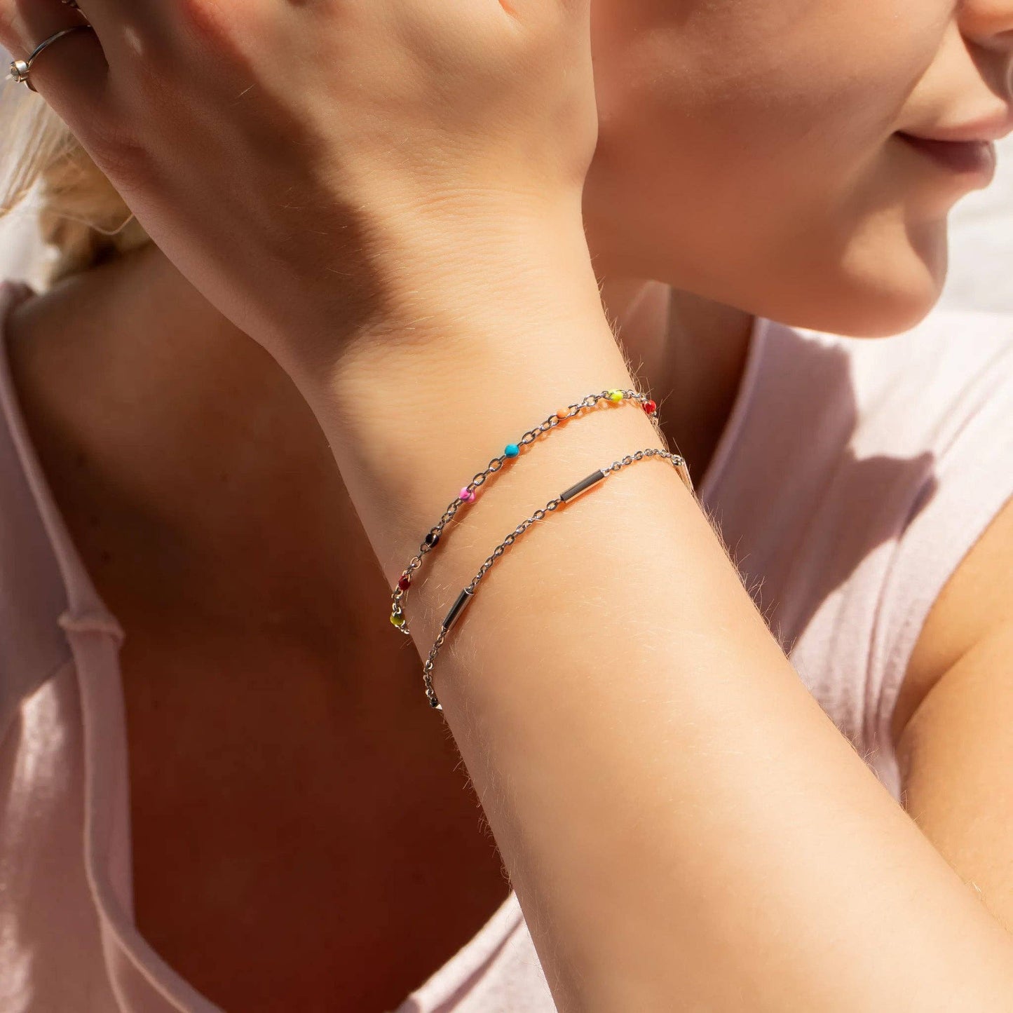 18K Gold PVD Stainless Steel Satellite Bar Chain Bracelet: Gold