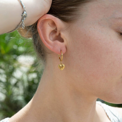18K Gold PVD Stainless Steel Heart Pendant Hoop Earrings: Gold / 15mm