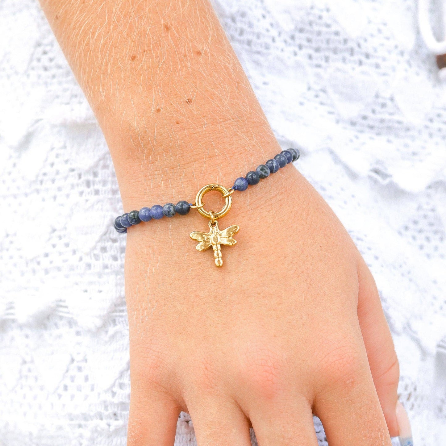 18K Gold PVD Stainless Steel Semi Precious Natural Stone Charm Keeper Bracelet: Gold / Sodalite