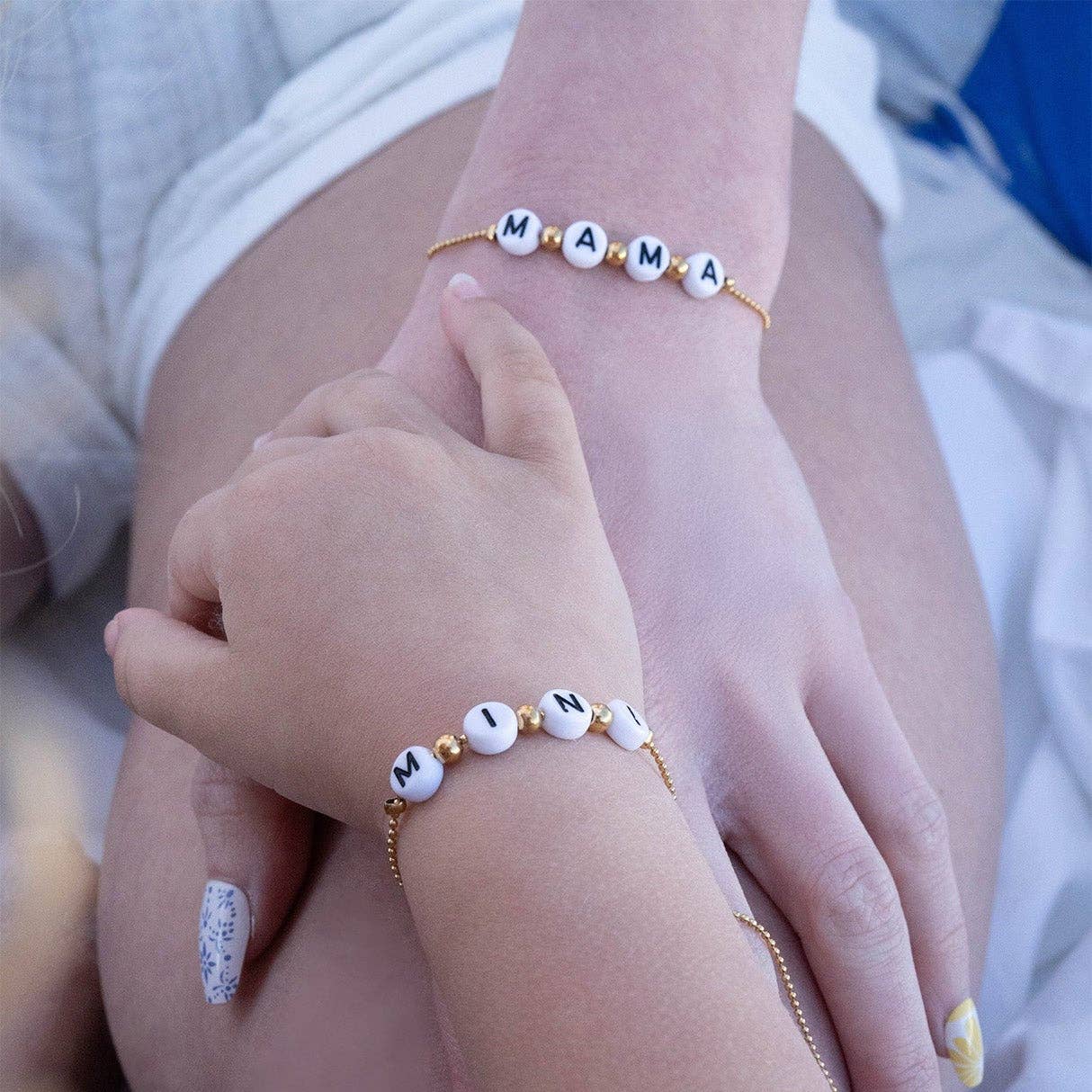 18K Gold PVD Stainless Steel "Mama" Beaded Charm Bracelet: Gold