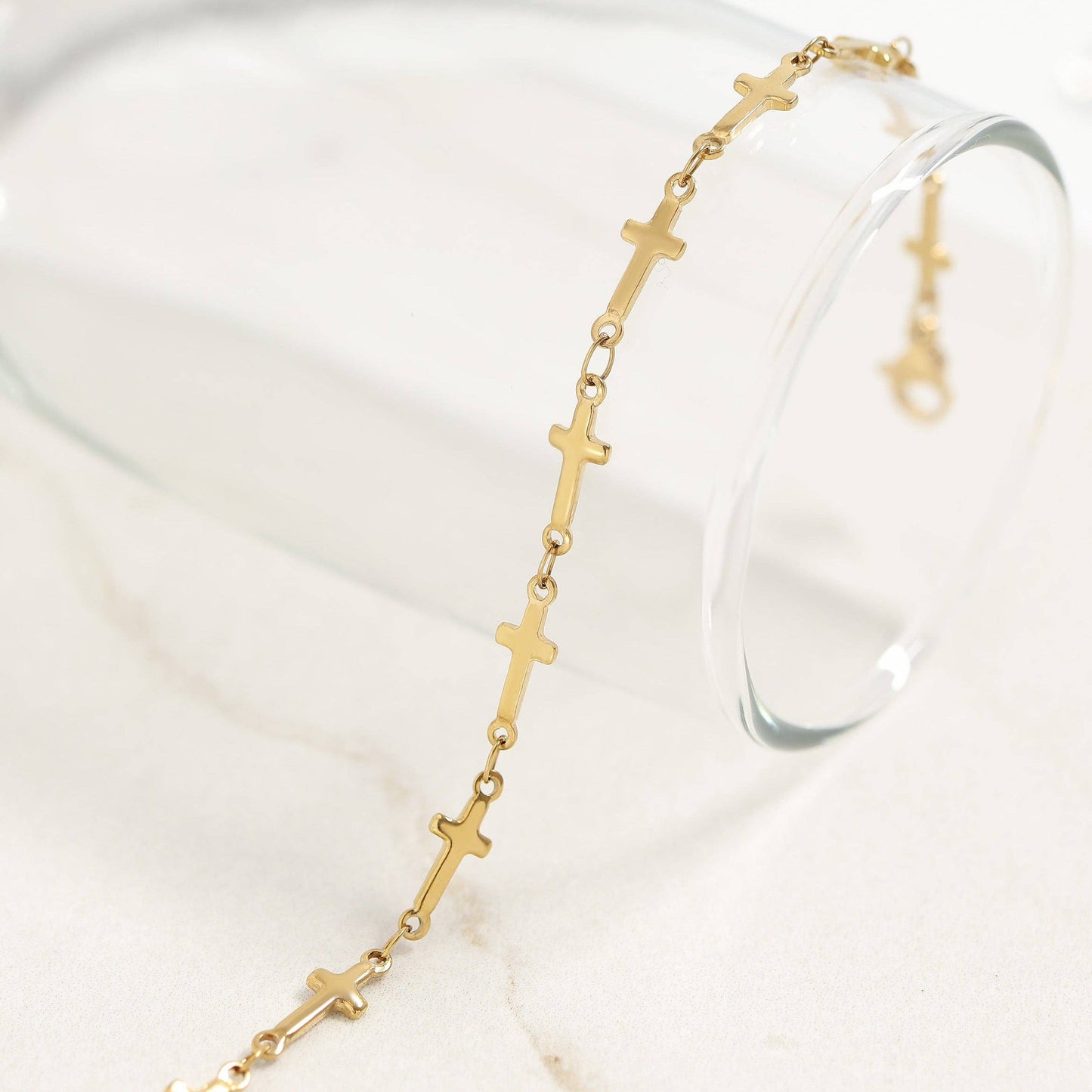 18K Gold PVD Stainless Steel Cross Chain Bracelet: Stainless