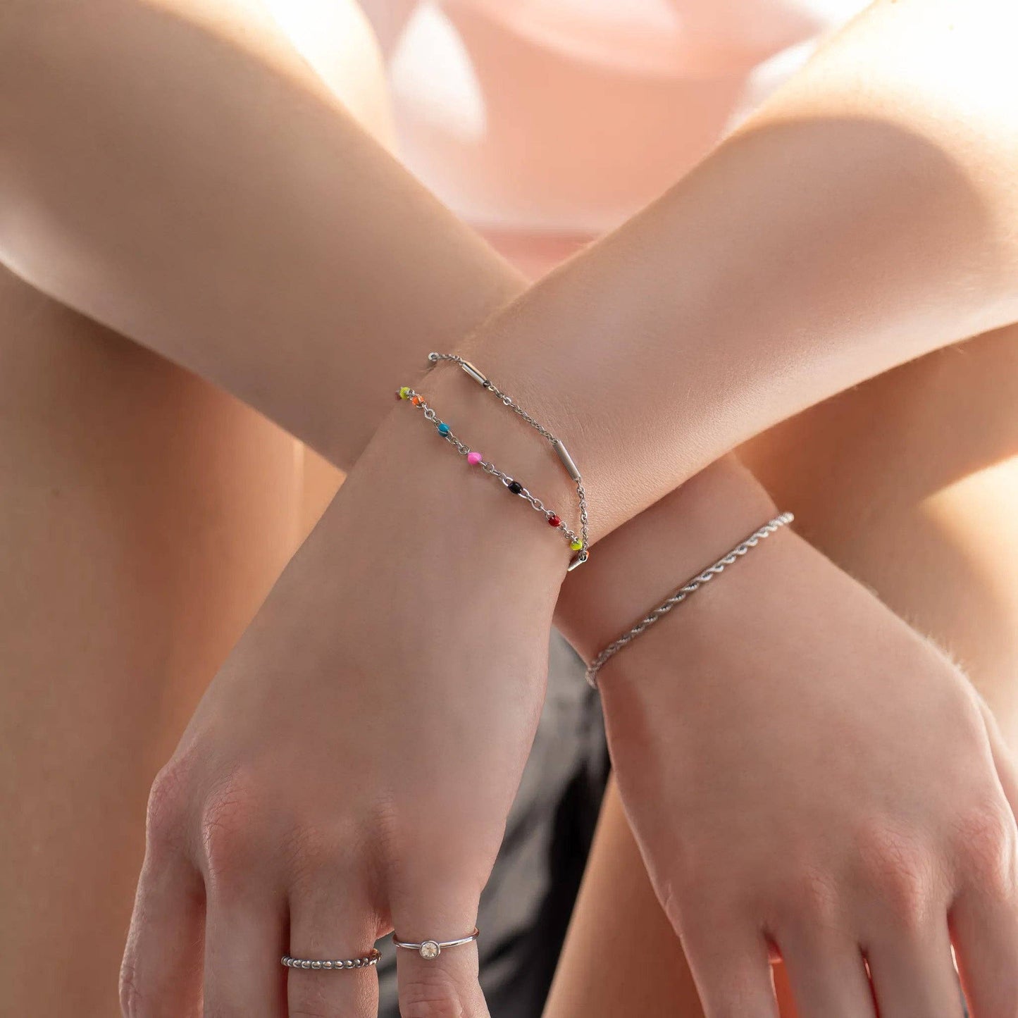 18K Gold PVD Stainless Steel Satellite Bar Chain Bracelet: Gold