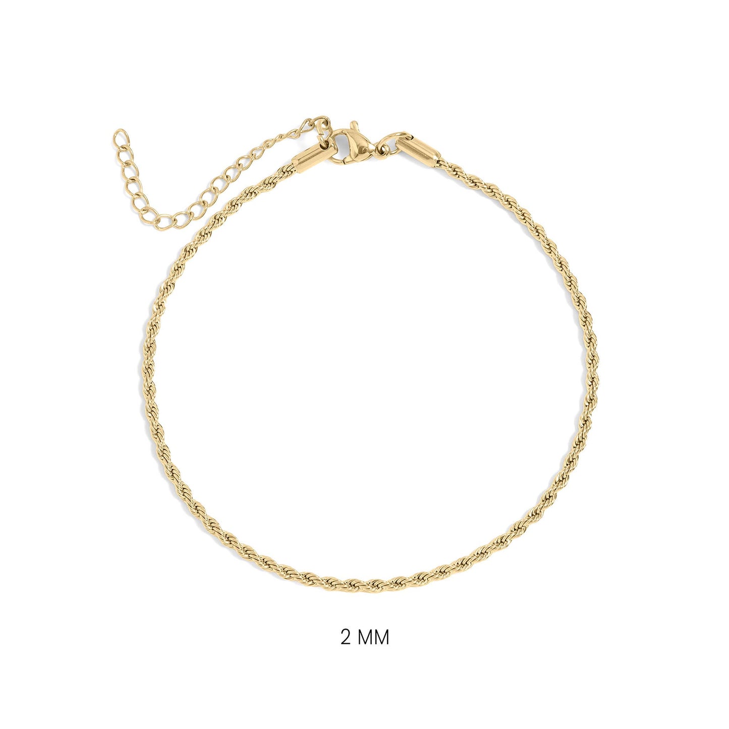 Rope Chain Bracelet / Anklet - Gold, Silver, Black: Gold / 6+2" / 2mm