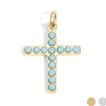 18K Gold PVD Stainless Steel Turquoise Stone Cross Charm: Gold / 15mm
