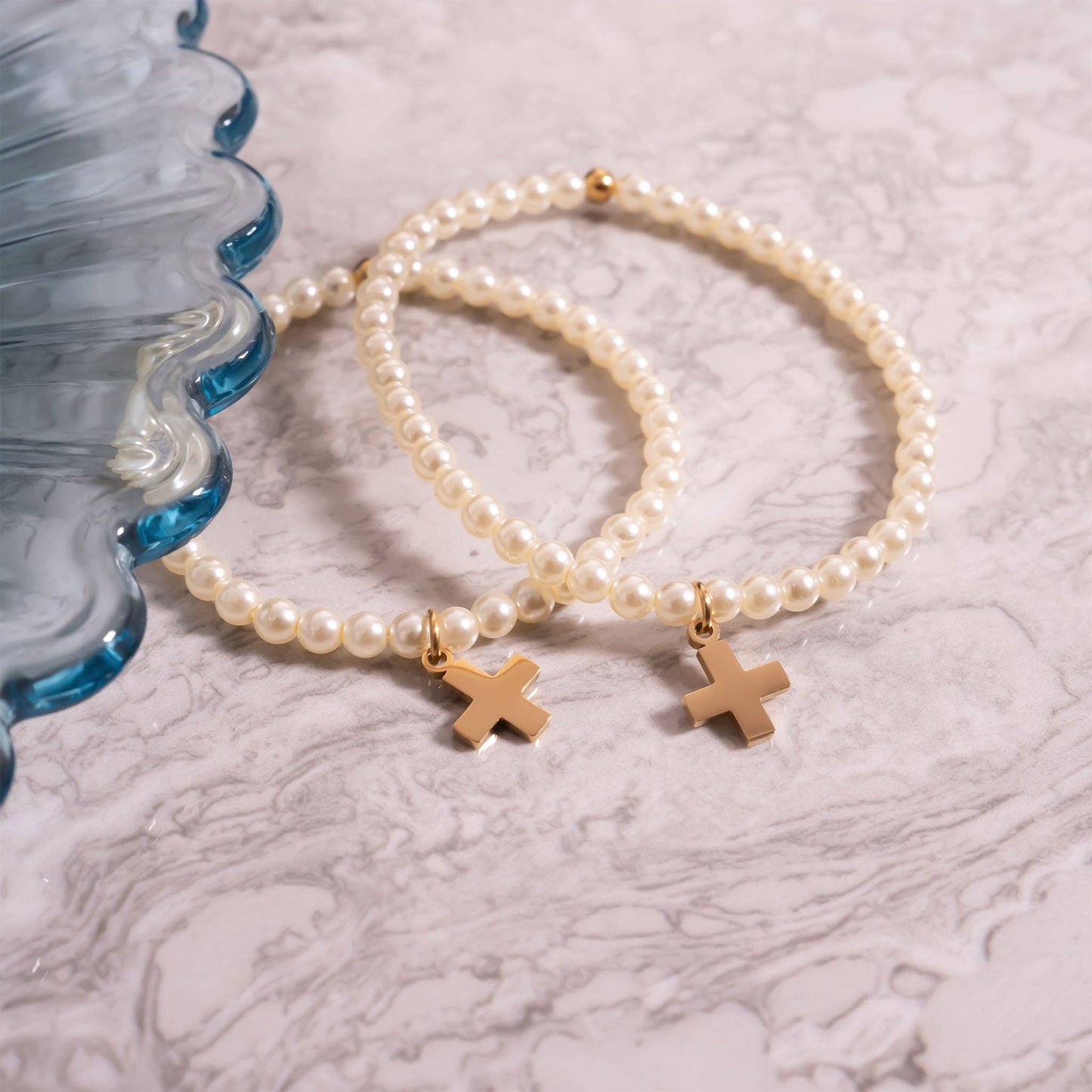 18K Gold PVD Cross Charm Pearl Beaded Bracelet: Stainless