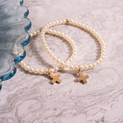 18K Gold PVD Cross Charm Pearl Beaded Bracelet: Stainless