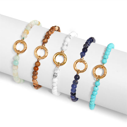 18K Gold PVD Stainless Steel Semi Precious Natural Stone Charm Keeper Bracelet: Gold / Amazonite