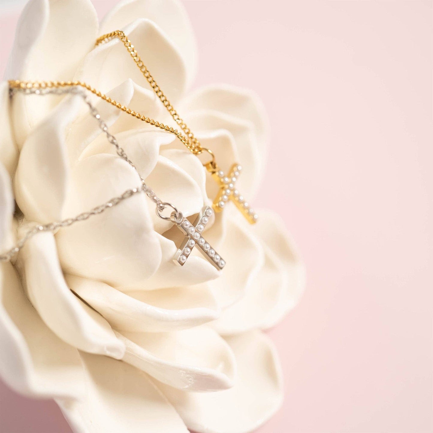 18K Gold PVD Stainless Steel Pearl Beaded Cross Charm: Gold / 15mm