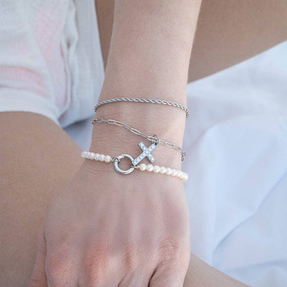 18K Gold PVD Stainless Steel Pearl Beaded Cross Charm: Gold / 15mm