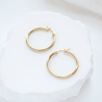 18K Gold PVD Stainless Steel Round Tube Hoop Earrings: Gold / 25mm